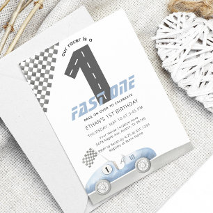Blue Tävling Car Fast ONE Boy Birthday Inbjudningar