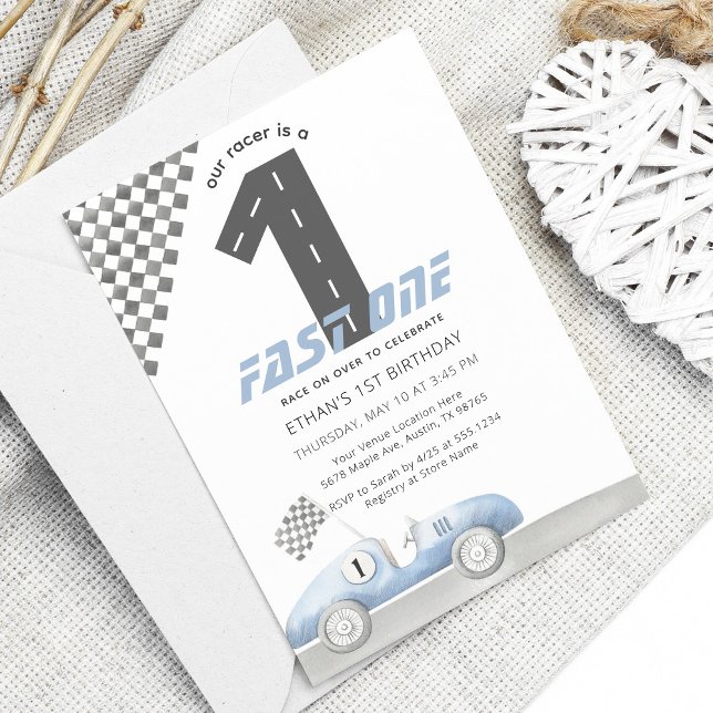 Blue Tävling Car Fast ONE Boy Birthday Inbjudningar (Skapare uppladdad)