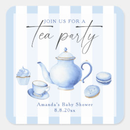 Blue Tea Party Baby Shower Fyrkantigt Klistermärke