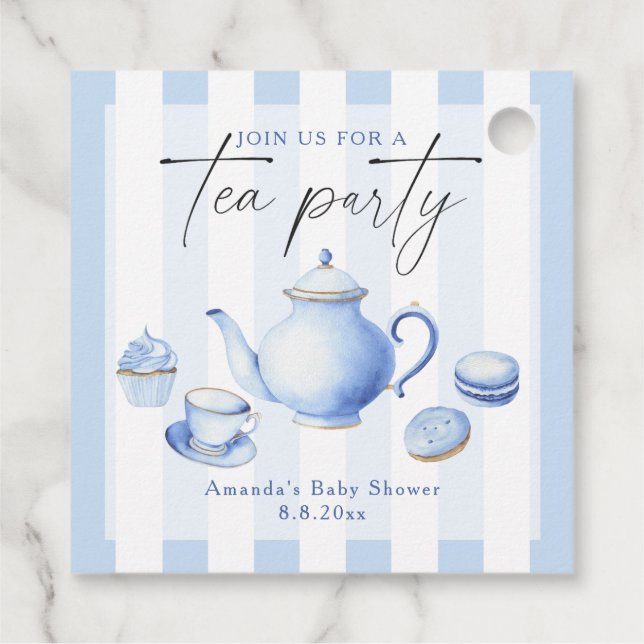 Blue Tea Party Baby Shower Gåvor Etiketter (Baksida)