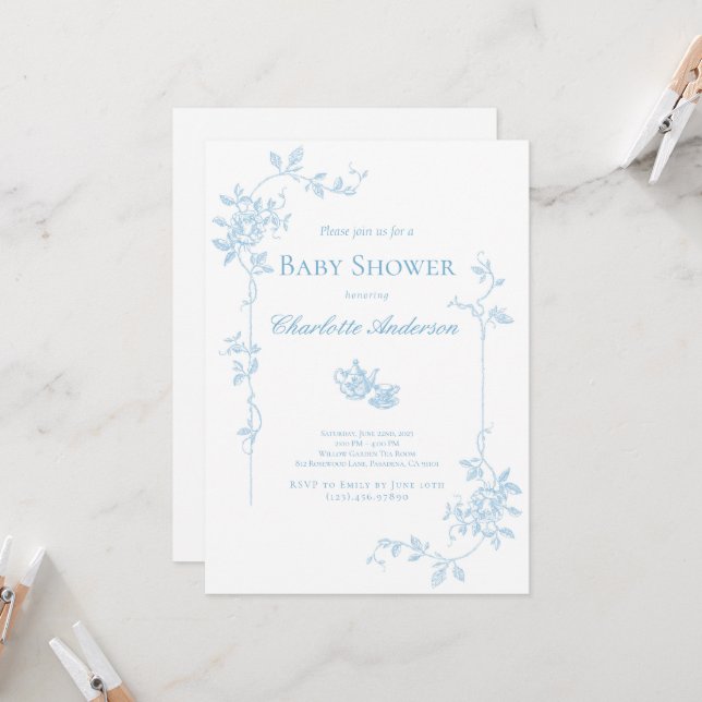 Blue Tea Party Baby Shower-inbjudan Inbjudningar (Fram/Back In Situ)