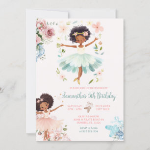 Blue Teal Ballerina Mörk Skin Girl Birthday Inbjudningar