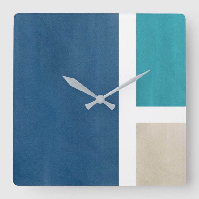 Blue Teal Beige White Modern Fyrkantig Klocka (Framsida)