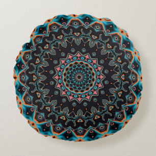 Blue Teal Black Rosa Mandala Boho Mönster Rund Kudde