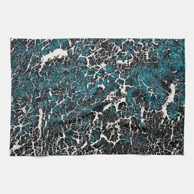 Blue Teal Black White Abstrakt Mönster Kökshandduk (Horisontell)