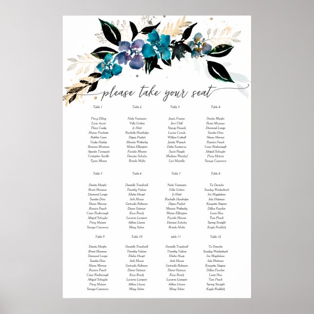 Blue teal Blommigt Bröllop Bouquet Poster (Framsidan)