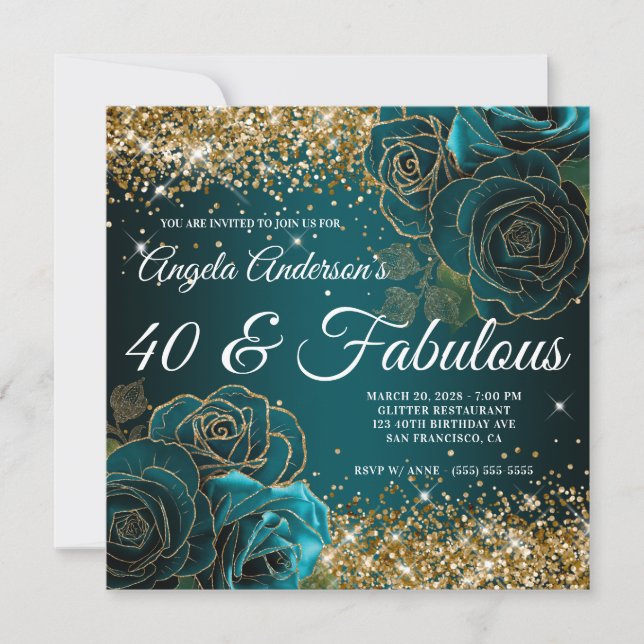 Blue Teal Blommigt Guld Glitter Glam 40 & Fabulous Inbjudningar (Framsida)