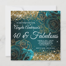 Blue Teal Blommigt Guld Glitter Glam 40 & Fabulous