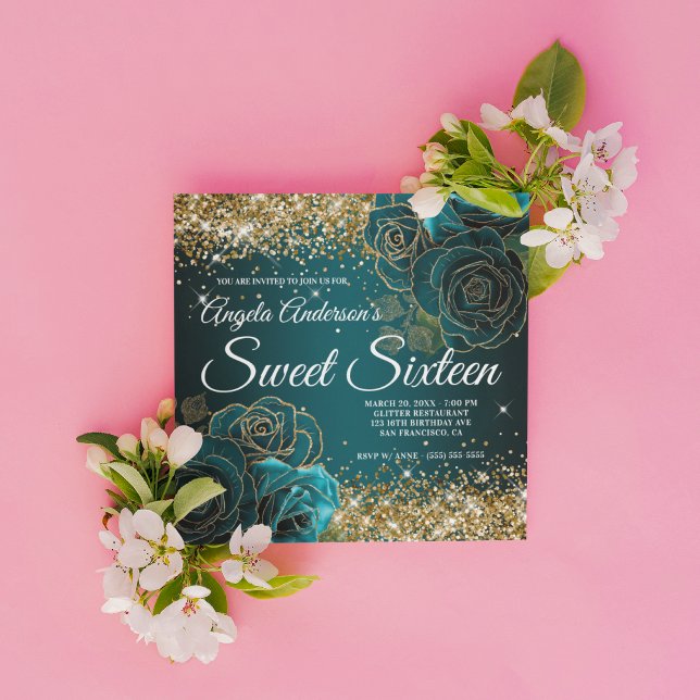 Blue Teal Blommigt Guld Glitter Glam Sweet sixteen Inbjudningar (Create your own Sweet 16 birthday invitation for her.)