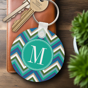 Blue & Teal Chevron Mönster med Monogram Nyckelring