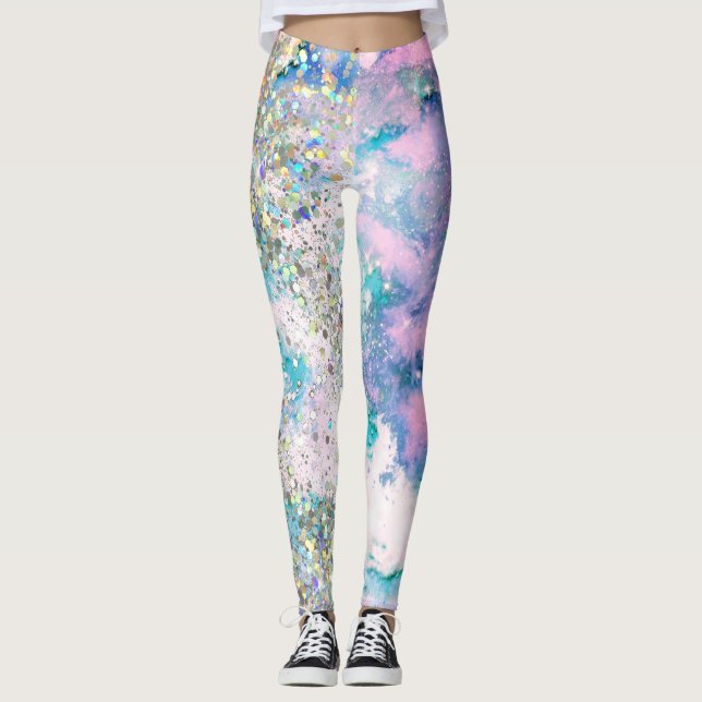 Blue Teal Galaxy HoloGrapy Glitter Elegant Coola Leggings (Framsida)