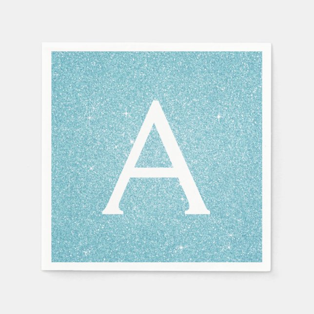 Blue Teal Glitter & Gnistra Monogram Birthday Pappersservett (Framsidan)