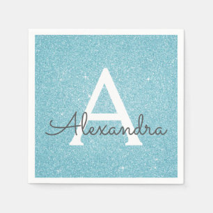 Blue Teal Glitter & Gnistra Monogram Birthday Pappersservett