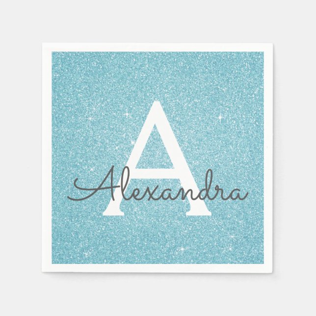 Blue Teal Glitter & Gnistra Monogram Birthday Pappersservett (Framsidan)