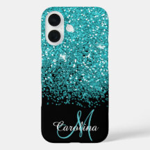 Blue, Teal, Glitter, Namn och Monogram, Girly