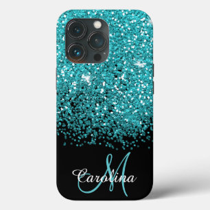 Blue, Teal, Glitter, Namn och Monogram, Girly Fodr