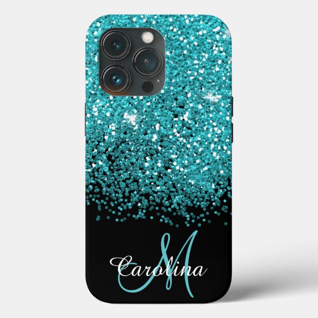 Blue, Teal, Glitter, Namn och Monogram, Girly Fodr (Baksida )