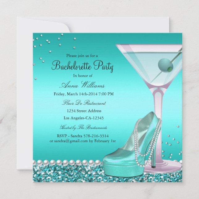Blue Teal Glitter Pearl Bachelorette Party Inbjuda Inbjudningar (Framsida)