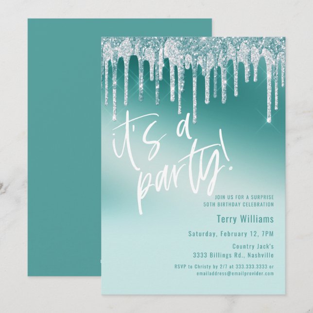 Blue Teal Glitter Surprise 50:e Födelsedagsfesten Inbjudningar (Fram/baksida)