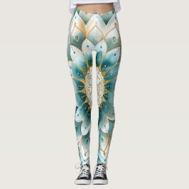 Blue Teal Guld Blommigt Mandala Leggings