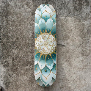 Blue Teal Guld Blommigt Mandala Mini Skateboard Bräda 18,5 Cm
