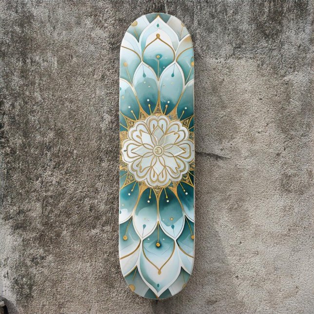 Blue Teal Guld Blommigt Mandala Mini Skateboard Bräda 18,5 Cm (Skapare uppladdad)