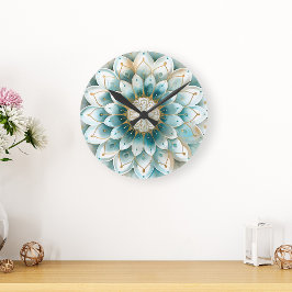Blue Teal Guld Blommigt Mandala Rund Klocka