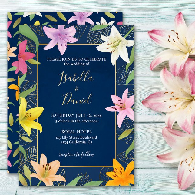 Blue Teal & Guld Tropical Lily Wedding bjudande Inbjudningar (Blue Teal & Gold Tropical Lily Wedding Invitation)