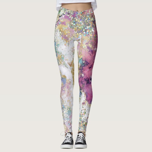 Blue Teal Lila Guld Galaxy Star Glitter Elegant Leggings (Framsida)
