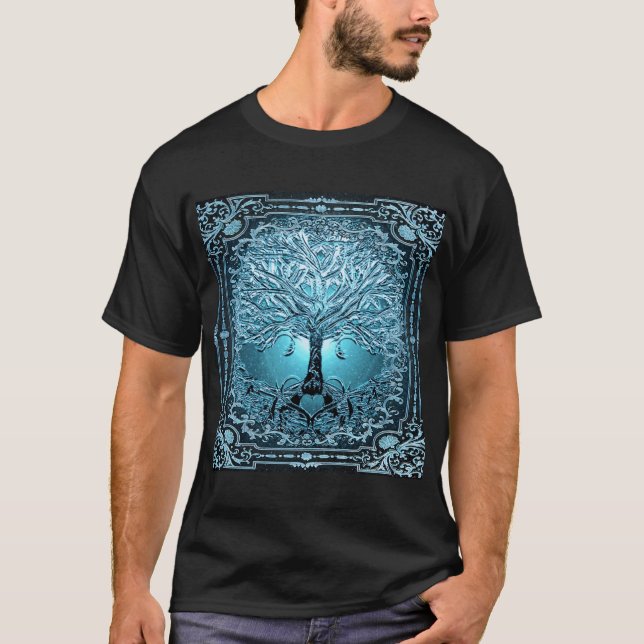 Blue Teal Livets träd Ancient Rustic Inner Light T Shirt (Framsida)