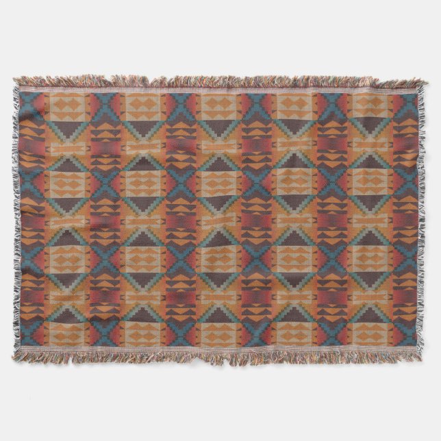 Blue Teal Mörk Brown Beige Orange Red Tribal Art Filt (Framsidan)