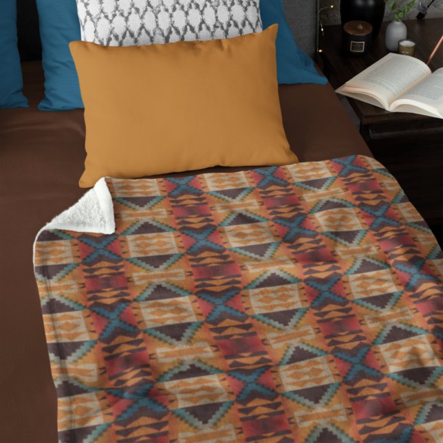 Blue Teal Mörk Brown Beige Orange Red Tribal Art Fleecefilt (Skapare uppladdad)