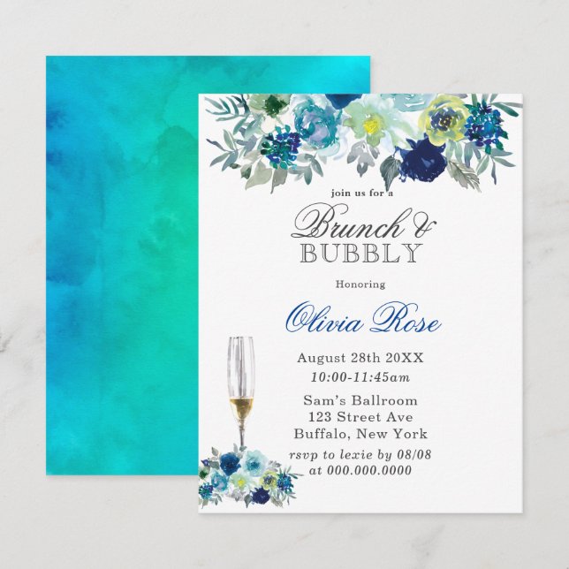 Blue Teal Peony Brunch & Bubbly-inbjudningar Inbjudningar (Fram/baksida)