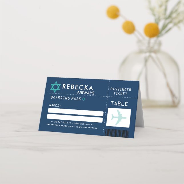 BLUE TEAL Pub Mitzvah Airline Biljett Place Card Placeringskort (Framsida)