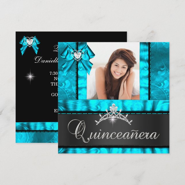 Blue Teal Quinceanera 15:e Födelsedagsfestens foto Inbjudningar (Fram/baksida)