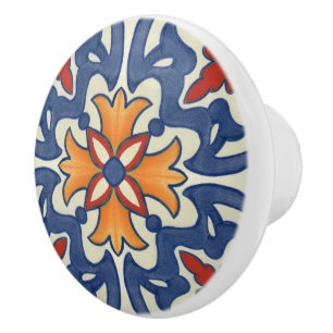 Blue Teal Red Orange Portugisiska Azulejos Mönste Knopp