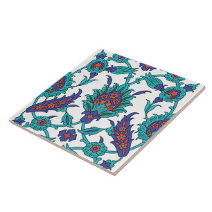Blue Teal Red White Oriental Blommönster Kakelplatta