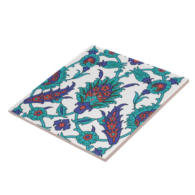 Blue Teal Red White Oriental Blommönster Kakelplatta (Sidan)