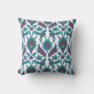 Blue Teal Red White Oriental Blommönster Kudde