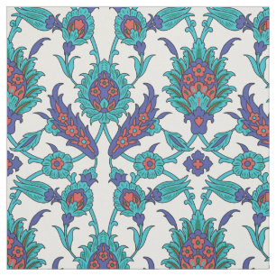 Blue Teal Red White Oriental Blommönster Tyg