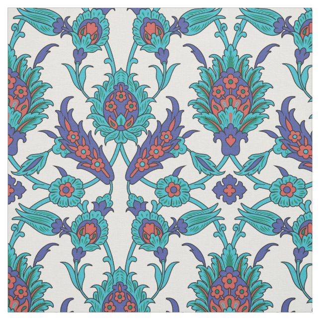 Blue Teal Red White Oriental Blommönster Tyg (Provkarta)