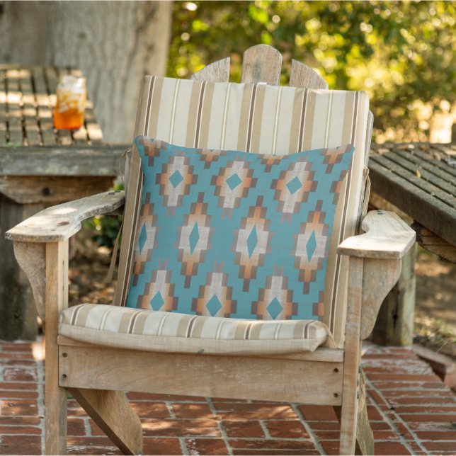 Blue Teal Terracotta Orange Brown Taupe Tribal Art Kudde (Stol)