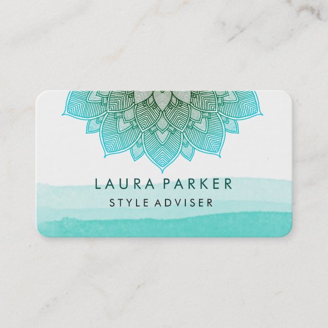 Blue Teal Watercolor Lotus Blommigt Mandala Yoga Visitkort (Framsida)