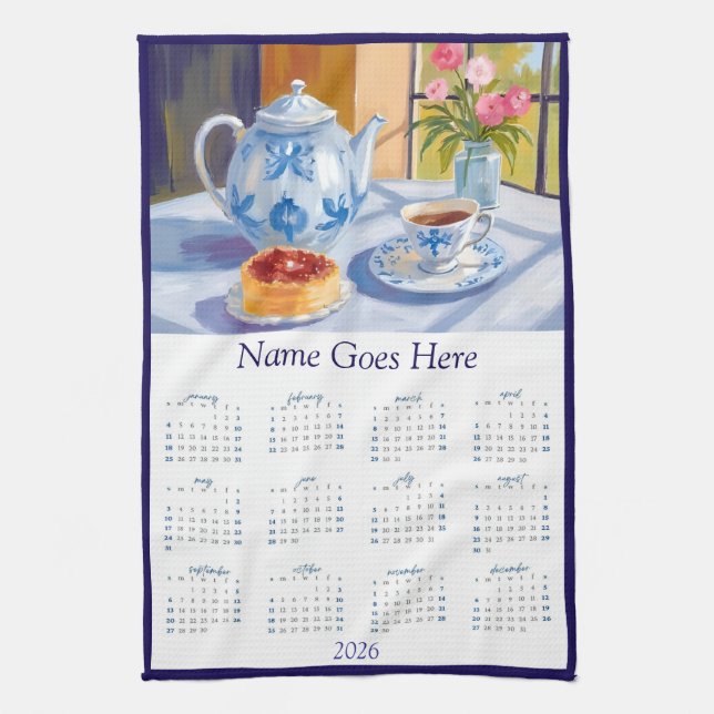 Blue Teapot & Pastry 2026 Calendar Tea Towel Kökshandduk (Vertikal)
