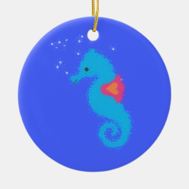 Blue Tecknad Seahorse Julgransprydnad Keramik (Framsidan)