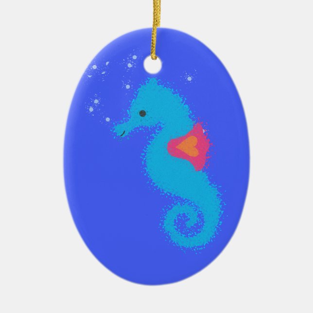 Blue Tecknad Seahorse Julgransprydnad Keramik (Framsidan)