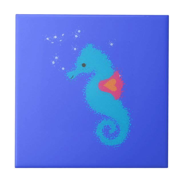 Blue Tecknad Seahorse Kakelplatta (Framsidan)