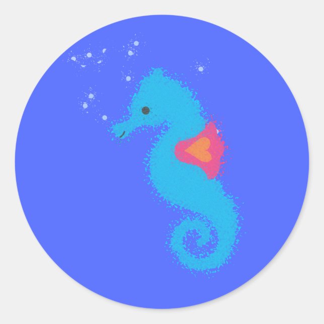 Blue Tecknad Seahorse Runt Klistermärke (Framsida)