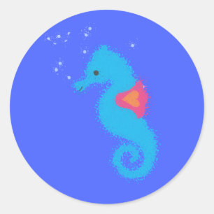 Blue Tecknad Seahorse Runt Klistermärke