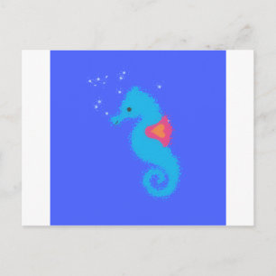 Blue Tecknad Seahorse Vykort